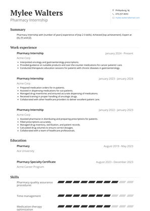 Pharmacy Internship Resume Sample and Template