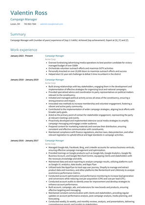 Campaign Manager Resume Sample and Template