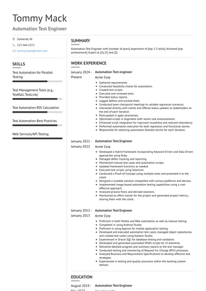 Automation Test Engineer Resume Sample and Template