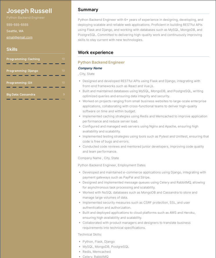 Python backend engineer resume example