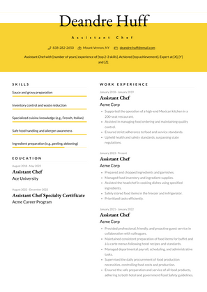 Assistant Chef Resume Sample and Template