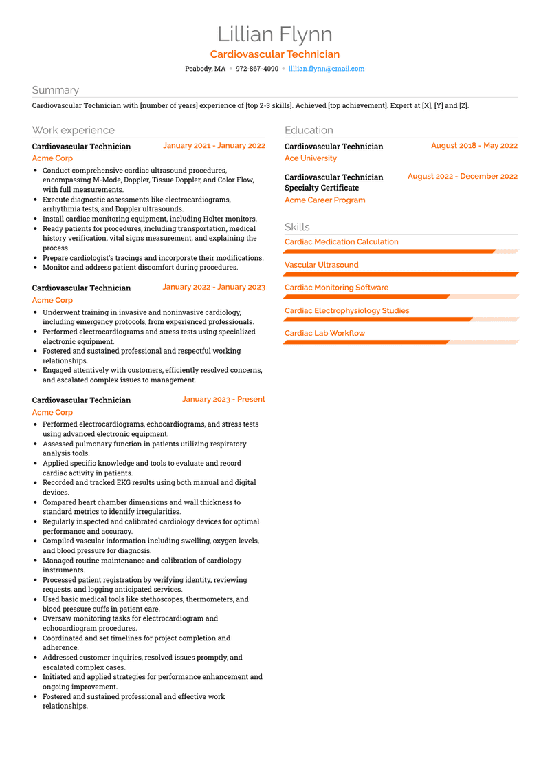 Cardiovascular Technician Resume Sample and Template