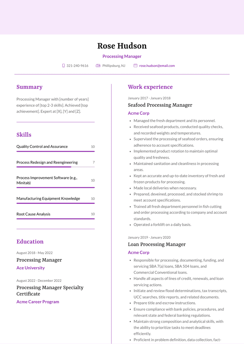 Processing Manager Resume Sample and Template