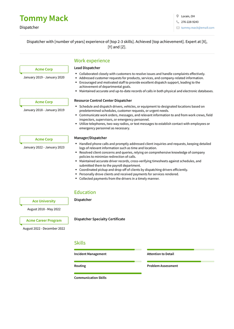 Dispatcher Resume Sample and Template