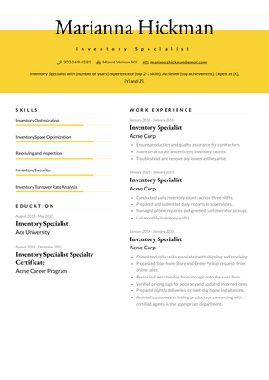 Inventory Specialist Resume Sample and Template