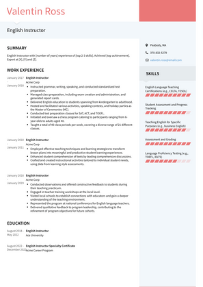 English Instructor Resume Sample and Template