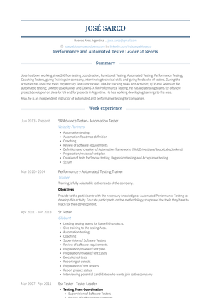 Sr Advance Tester   Automation Tester Resume Sample and Template