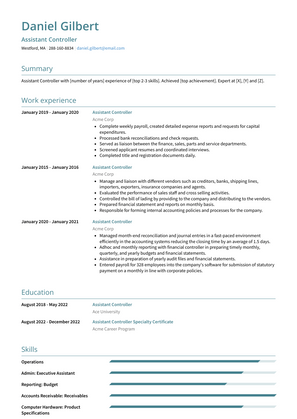 Assistant Controller Resume Sample and Template