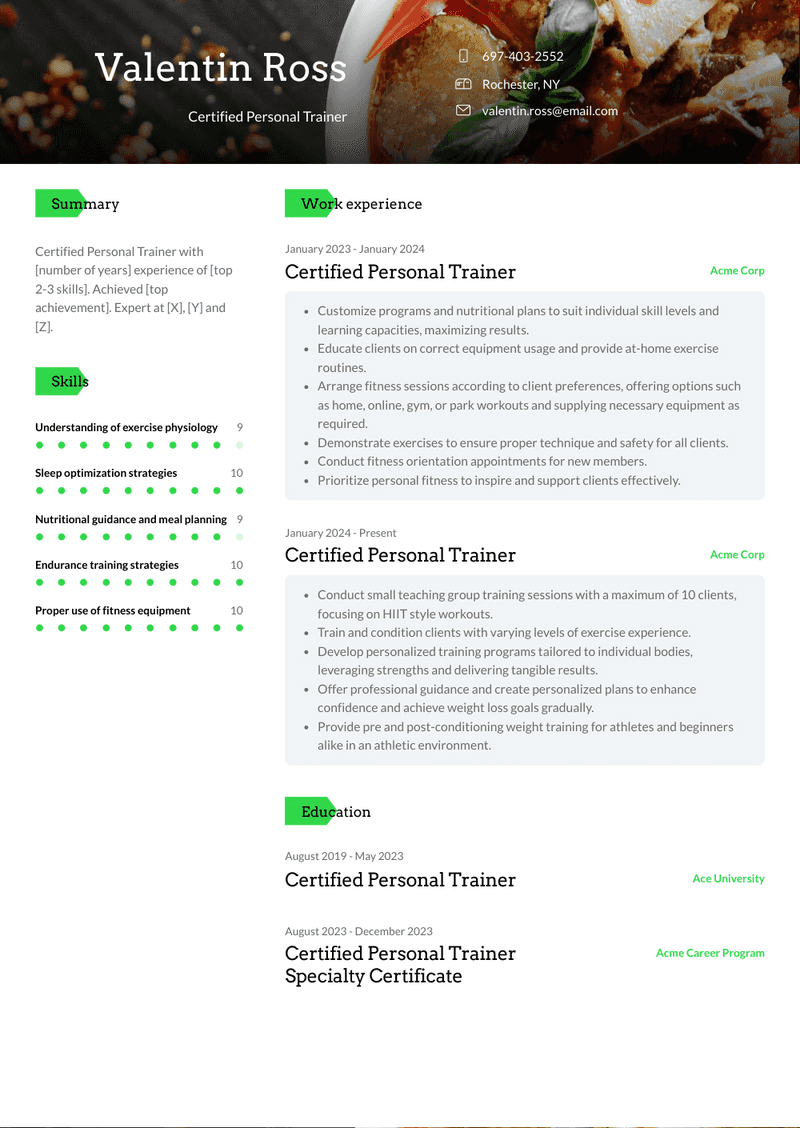 Certified Personal Trainer Resume Sample and Template