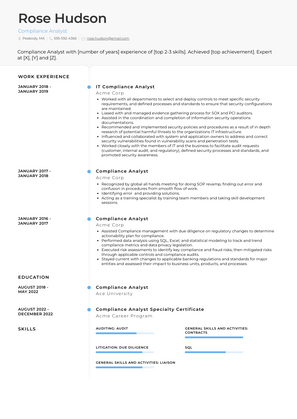 Compliance Analyst Resume Sample and Template