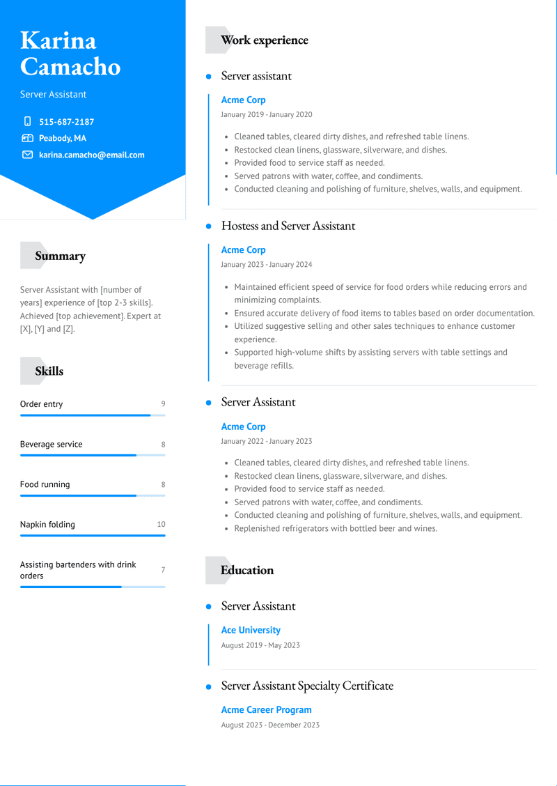 Server Assistant Resume Sample and Template