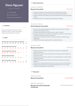 Beauty Consultant Resume Sample and Template