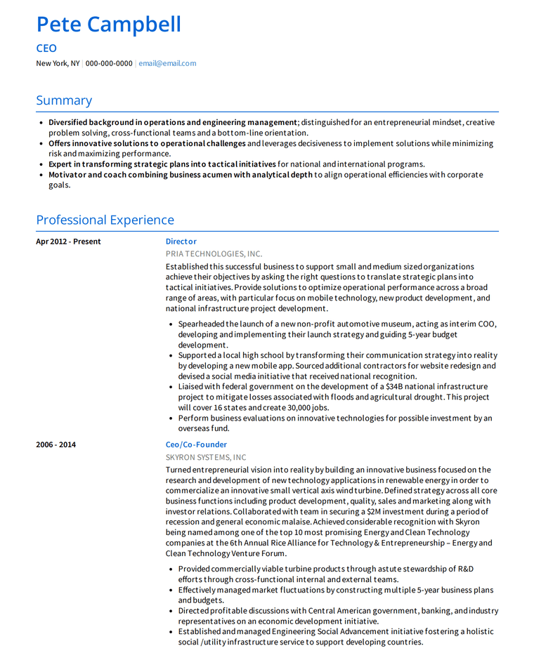 Resume Template for Executives Example: Monaco