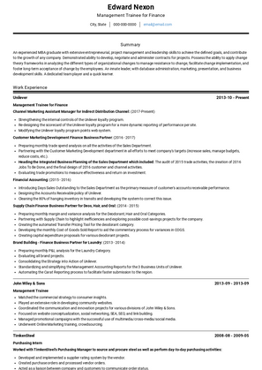 Management Trainee for Finance Resume Sample and Template