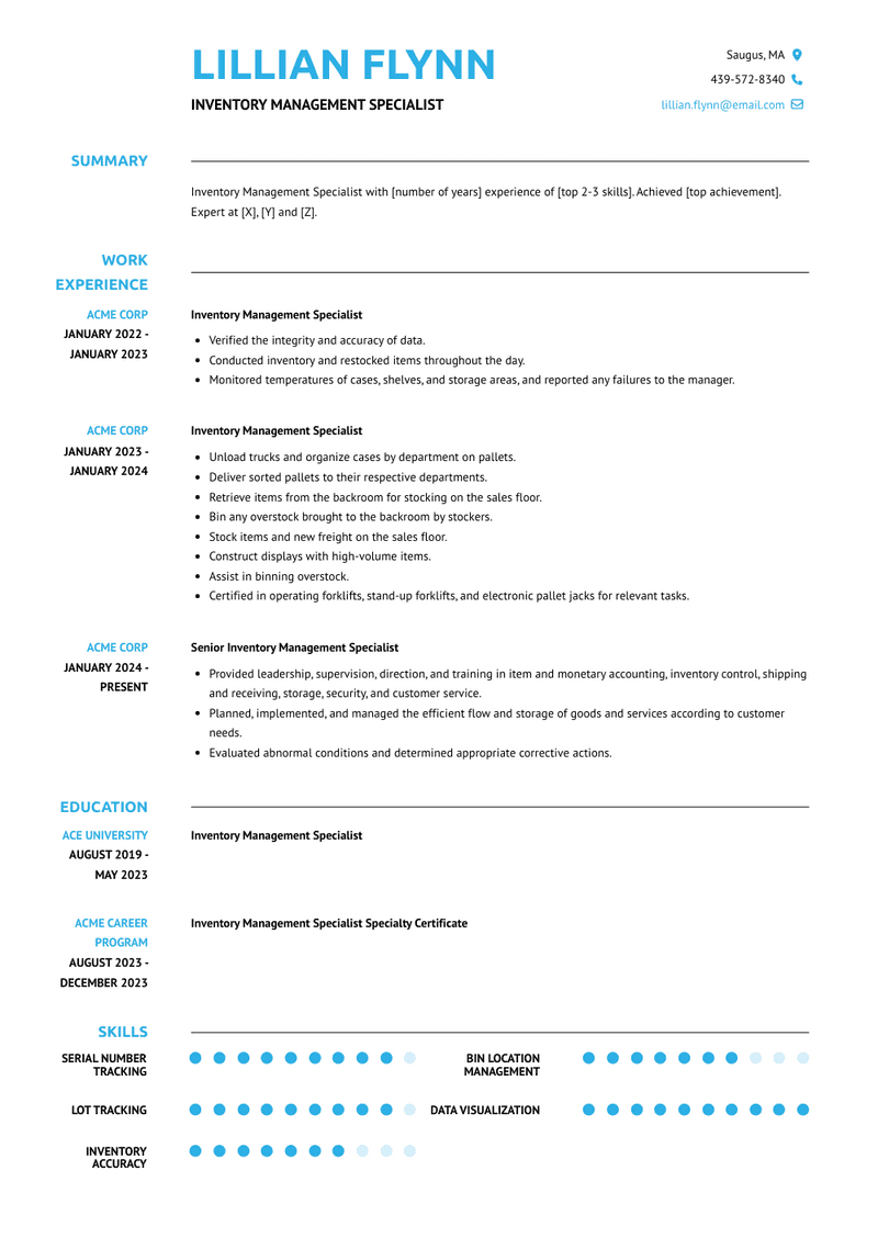 Inventory Management Specialist Resume Sample and Template