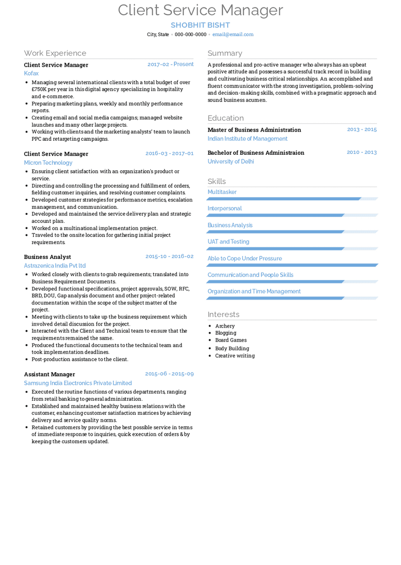 Client Service Manager Resume Sample and Template