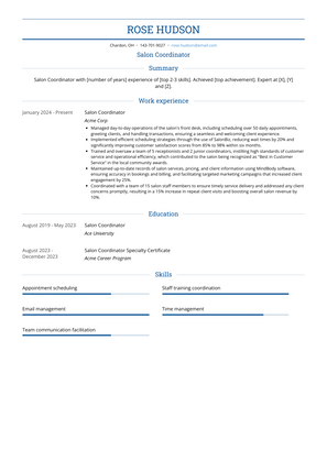 Salon Coordinator Resume Sample and Template