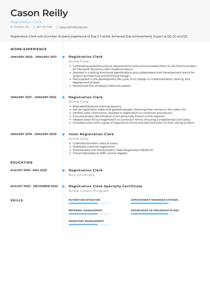 Registration Clerk Resume Sample and Template