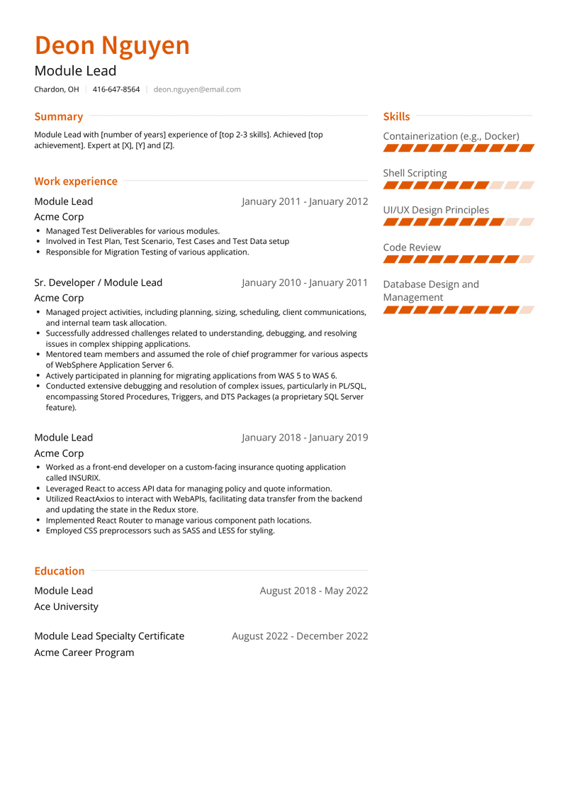 Module Lead Resume Sample and Template