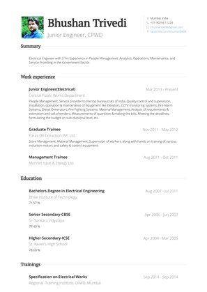 Junior Engineer(Electrical) Resume Sample and Template