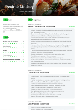 Construction Supervisor Resume Sample and Template