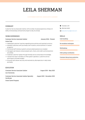 Customer Service Associate Cashier Resume Sample and Template