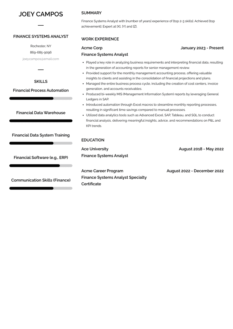 Finance Systems Analyst Resume Sample and Template