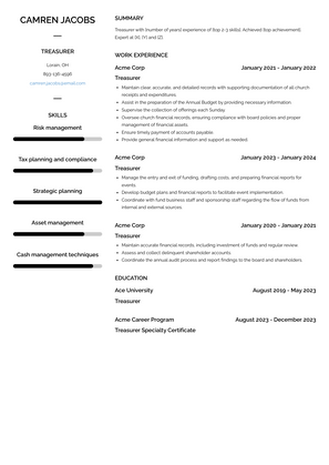 Treasurer Resume Sample and Template