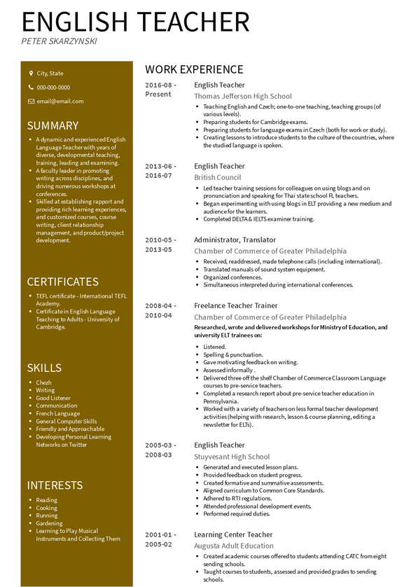 sample resume for online english teacher