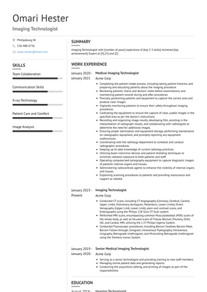Imaging Technologist Resume Sample and Template