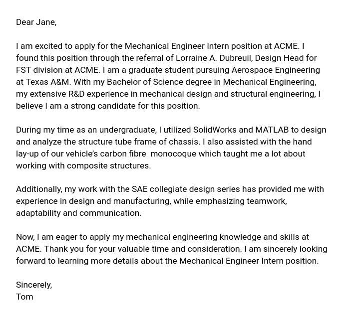 mechanical engineering internship cover letter