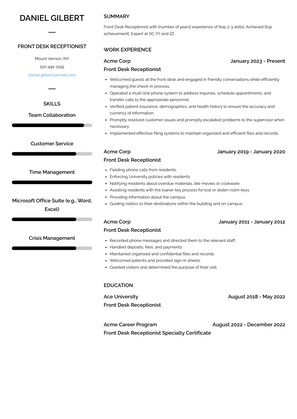 Front Desk Receptionist Resume Sample and Template