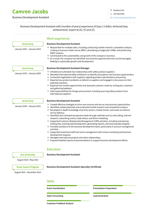 Business Development Assistant Resume Sample and Template