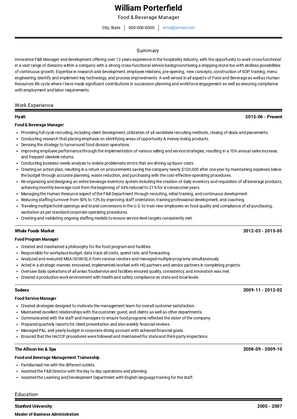 Food & Beverage Manager Resume Sample and Template
