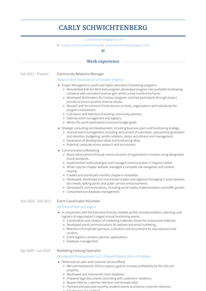 Community Relations Manager Resume Sample and Template