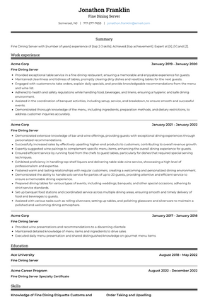 Fine Dining Server Resume Sample and Template