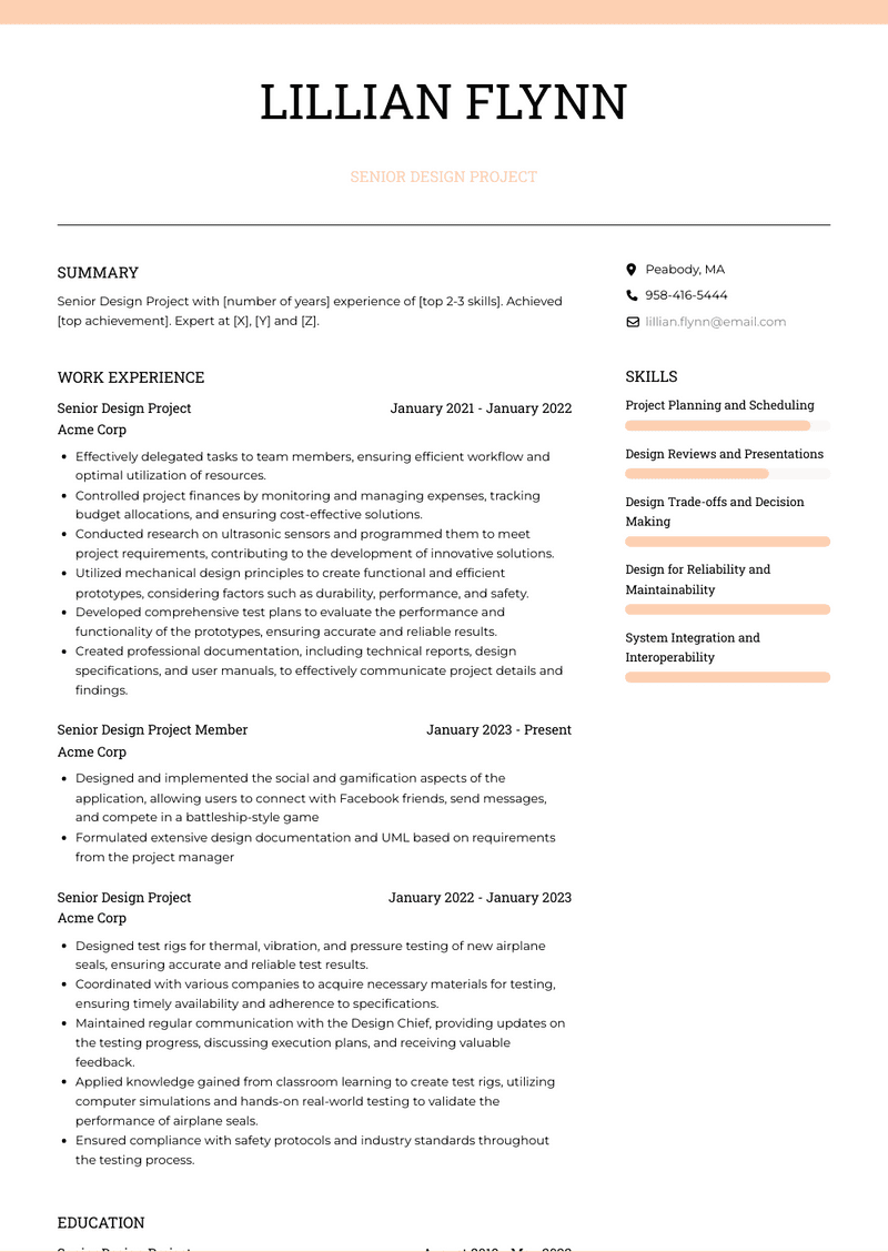 Senior Design Project Resume Sample and Template