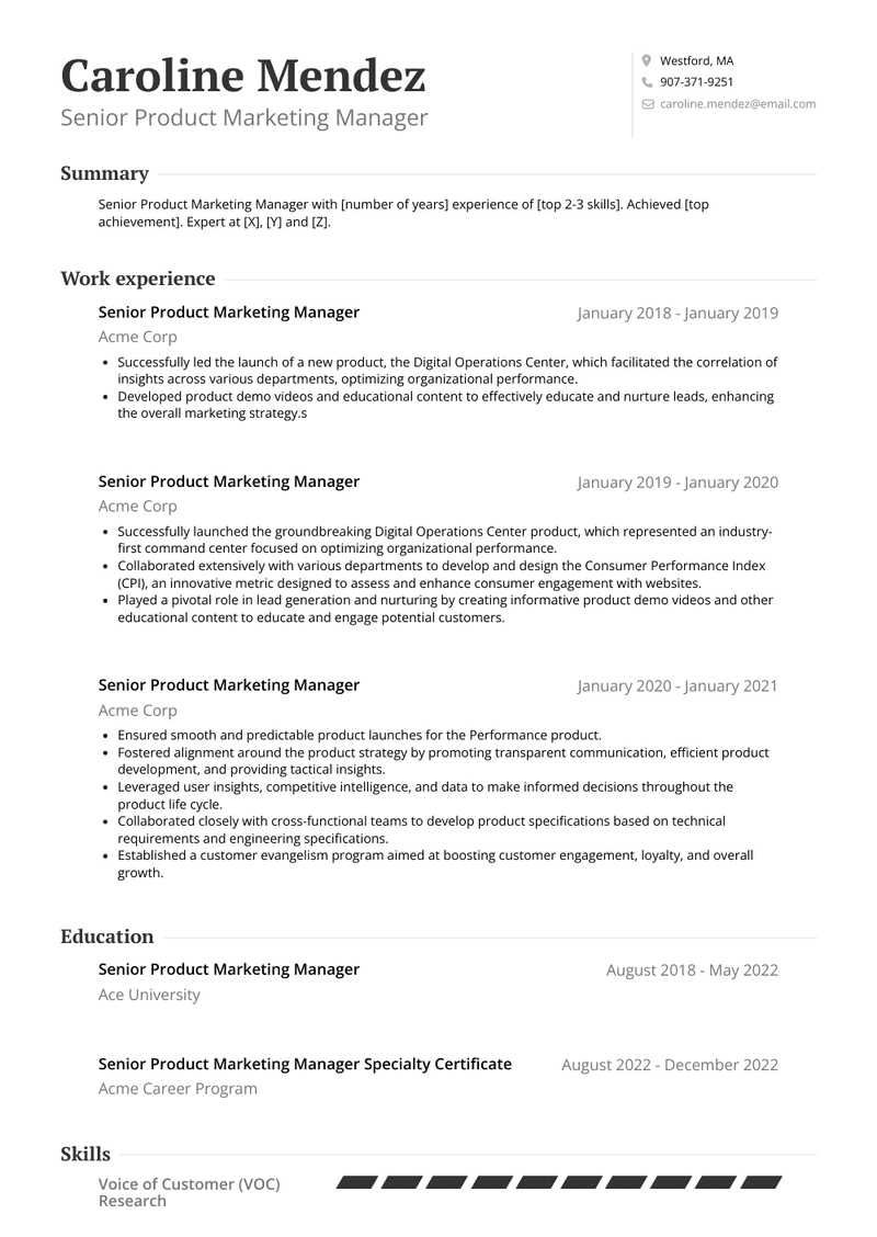 Senior Product Marketing Manager Resume Sample and Template