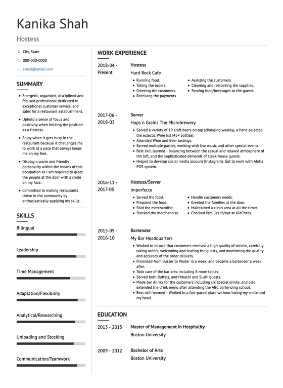 resume template for hospitality usa