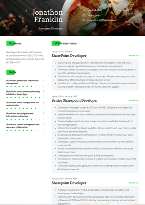 Sharepoint Developer Resume Sample and Template