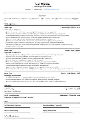 Community Health Worker Resume Sample and Template