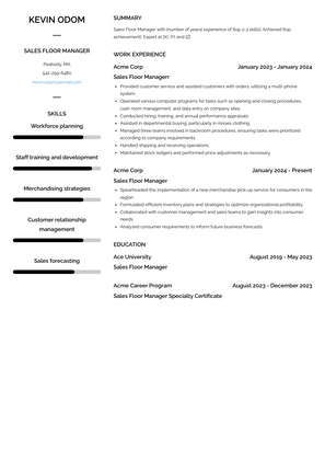 Sales Floor Manager Resume Sample and Template