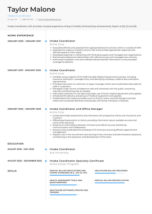 Intake Coordinator Resume Sample and Template