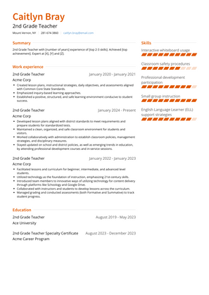 2nd Grade Teacher Resume Sample and Template