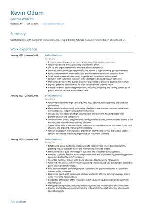 Cocktail Waitress Resume Sample and Template