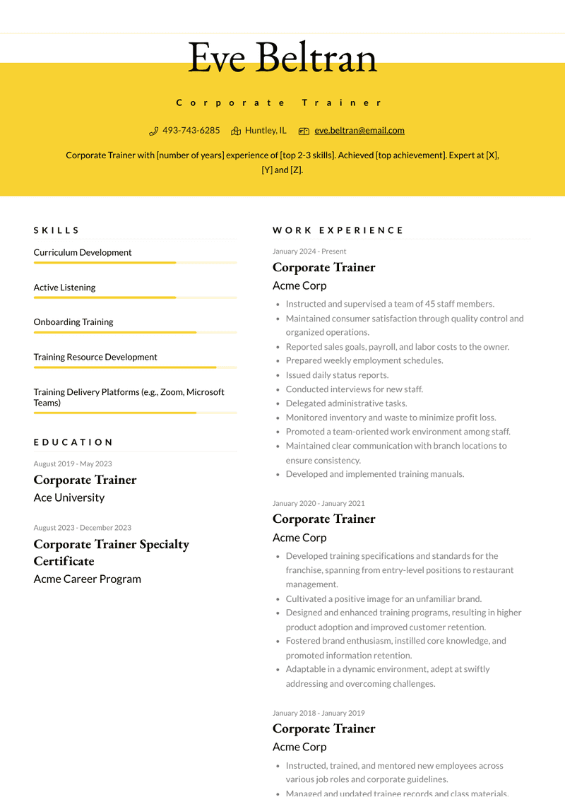 Corporate Trainer Resume Sample and Template