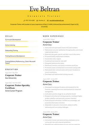 Corporate Trainer Resume Sample and Template