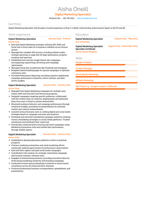 Digital Marketing Specialist Resume Sample and Template