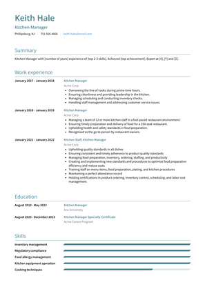 Kitchen Manager Resume Sample and Template