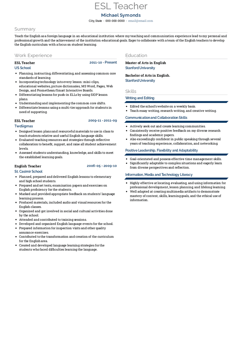 ESL Teacher Resume Sample and Template